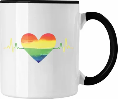Produktbild von Trendation - Regenbogen Tasse Geschenk LGBT Schwule Lesben Transgender Grafik Pride Herzschlag (Schwarz)