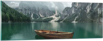 Produktbild von Bilder auf glas - Berge See Boot - 90x30cm - Glasbilder - Wandbilder - Kunstdruck - zum Aufhängen bereit - Wanddekoration aus Glas - Glas Bilder - Wandbild auf Glas - Einteilig - GAB90x30-3978