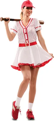 A woman wearing a baseball player costume, holding a baseball bat.
