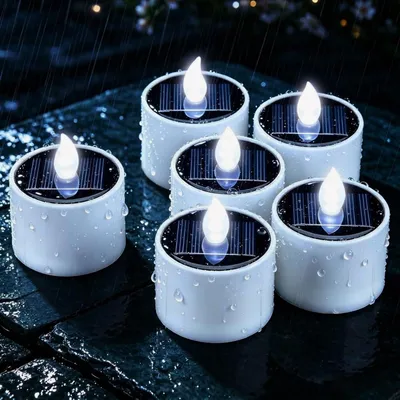 Zdjęcie produktu dla 6 sztuk, białe, migające, wodoodporne, solarne, elektryczne świece do użytku zewnętrznego, solarne, LED, wielokrotnego użytku, świece bez płomienia