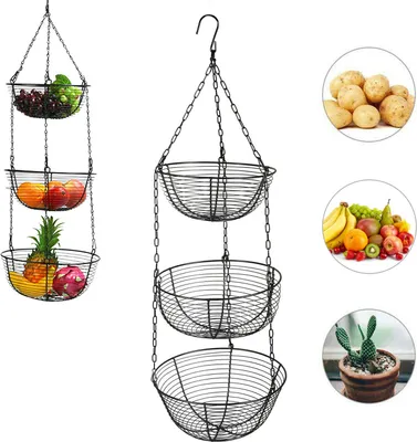 Image de Panier à fruits Suspension Panier à 3 étages en fer Panier à légumes Paniers à fruits Ampoule à fruits et légumes Séchoir à vaisselle Noir