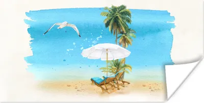 Produktbild von MuchoWow® Poster Strandkorb - Sonnenschirm - Vogel - Palme 40x20 cm - Poster für die Wand - Poster Schlafzimmer