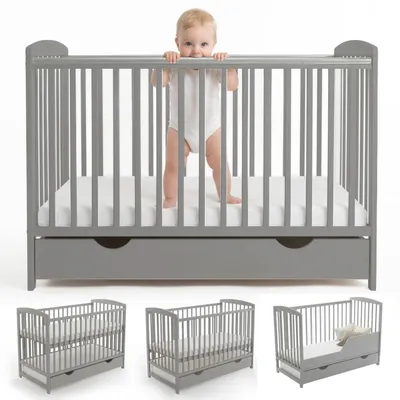 Produktbild von Love For Sleep Grau Babybett Gitterbett mit Schublade 120 x 60cm + Schaumstoffmatratze + Sicherheitsgitter aus Holz + Schutzhülle