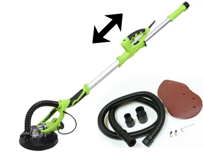 A pole sander with accessories is displayed against a white background.