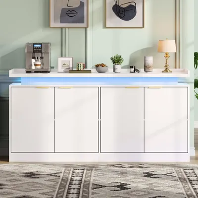 Imagen del producto de Mueble aparador con iluminación LED, cuatro puertas, fabricado en MDF blanco, dimensiones 160x39x83 cm, con luz RGB y control mediante aplicación, ideal para comedor y salón