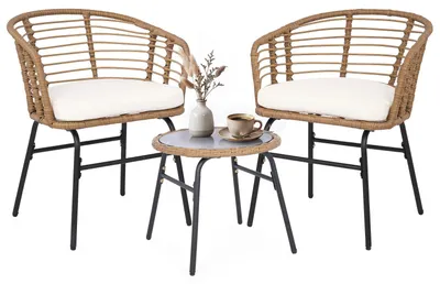 Immagine prodotto di Set da giardino COSTWAY da 3 pezzi in polyrattan, set da bistrot per 2 persone, mobili da balcone con tavolo in vetro e sedie ergonomiche, salottino con cuscini