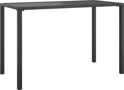 A dark gray metal garden dining table with four legs, shown against a white background.