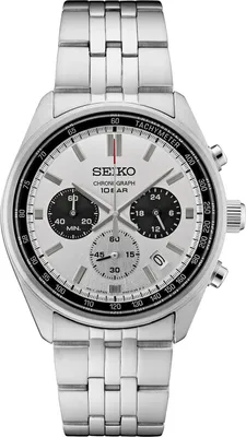 A close-up, front-facing studio shot of a silver Seiko chronograph watch with a white dial and black sub-dials.
