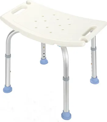 A white shower stool with adjustable height legs and blue rubber feet, shown from a slightly elevated front-left angle on a white background.