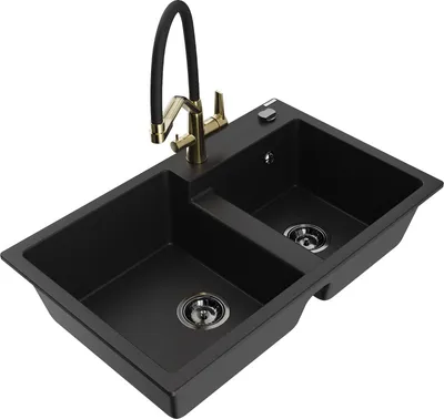 Produktbild von Mexen Tomas 2-Becken-Granitspüle mit Mischbatterie Duo, Schwarz - 6516-77-671701-57-B