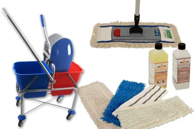 Produktbild von Axis Line Wischmop Komplettset mit Doppelfahrwagen extra hoch und Ersatzmöppe und 2 x Profi Reinigungsmittel 50cm breit