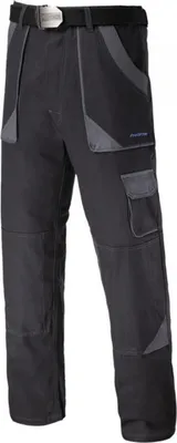 A pair of black work pants with gray accents and a belt.