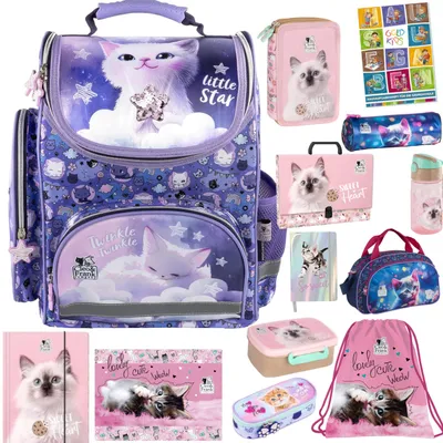 Produktbild von Schulranzen für Mädchen, 13er-Set - Schul-Rucksack für Kinder mit Federmäppchen - Schuhbeutel Trinkflasche und Brotdose - Katze Motiv