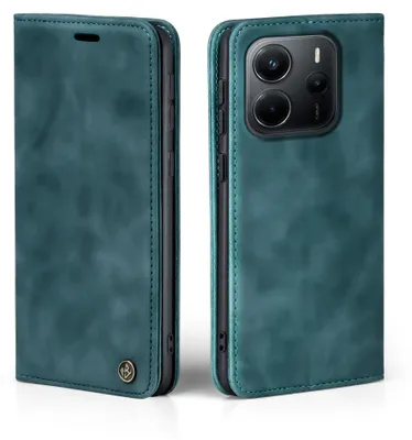 A teal flip cover phone case is shown from two angles, one closed and one open, revealing the phone inside.