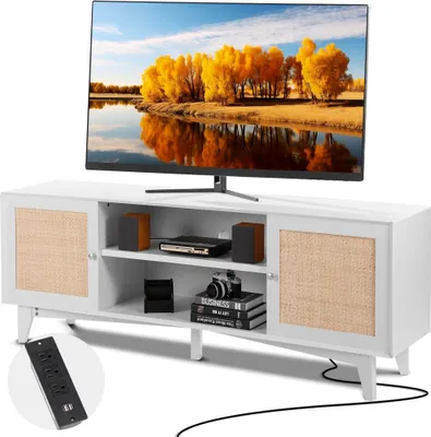 Obrázek produktu pro Ratanový televizní systém 191 cm - Boho televizní stolek - Bílá skříňka pod televizor - Stylová skříňka pod televizor