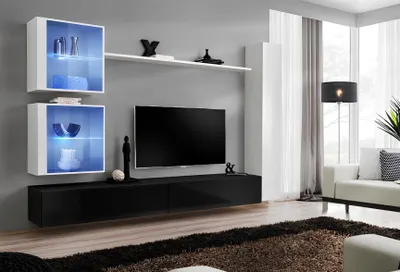 Image de Ensemble mural blanc Armoire murale complète Support TV mural Étagère Meuble de salon