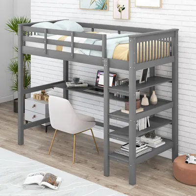 Produktbild von Hochbett mit Lattenrost, Leiter, Schreibtisch und Regalen, 90x200 cm, Einzelbett mit Rausfallschutz, Holzbett aus Kiefer, Kinderbett, Jugendbett