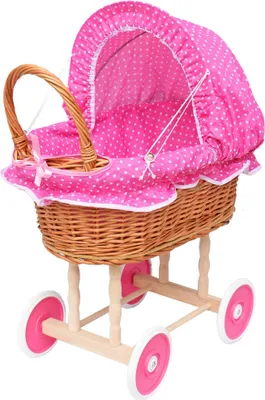 Produktbild von Puppenwagen aus Weide in Retro-Stil ROSA Weidenpuppenwagen Weidenwagen Handarbeit CE