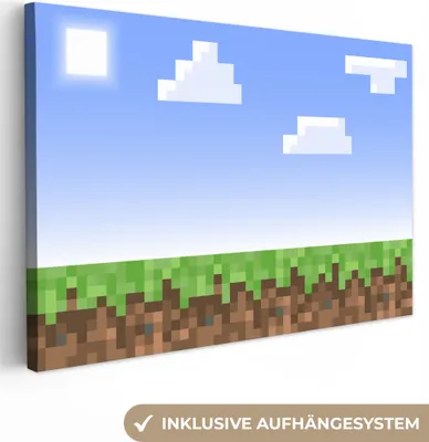 Produktbild von MuchoWow® - Leinwandbilder - Spiele - Pixel - Spiele - Gras, Wandbild, Wanddeko Bilder Wohnzimmer, 90x60cm