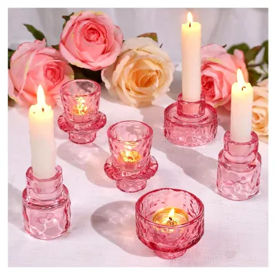 Produktbild von 6 Stück Kerzenhalter, 2-in-1 Kerzenständer für Stabkerzen und Teelichter, Rosa Teelichter Glas, geeignet für Partys, Festivals, Hochzeiten und Heimdekoration