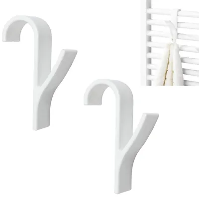 Two white hooks are shown against a white background, with a small inset image showing one hook attached to a radiator with a towel.