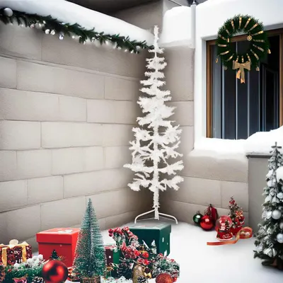 Productafbeelding van vidaXL Kunstkerstboom, halvhoge variant, met standaard, slank, wit, 210 cm