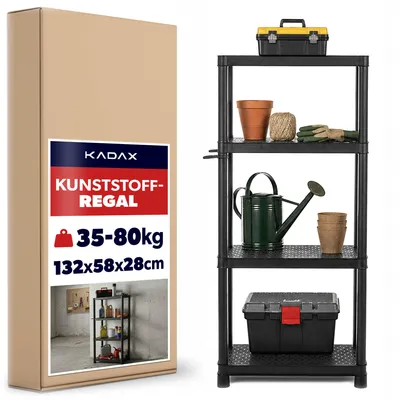 Produktbild von KADAX Schwerlastregal 132 x 58 x 28 cm, Lagerregal aus Kunststoff, Kellerregal, Kunststoffregal mit 4 Ablagen, Werkzeugregal für Werkstatt, Abstellraum Regal, Garagenregal
