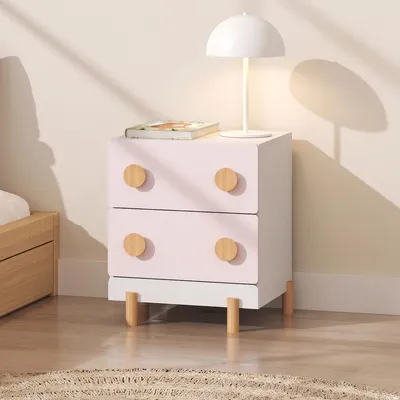 Zdjęcie produktu dla Nocny stolik dla dzieci "Vaarentaa" z 2 szufladami, wymiary: 47 x 40 x 35 cm, nogi drewniane, kolor: biały/różowy