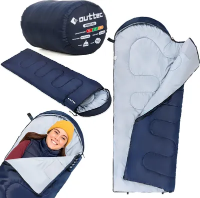 A collage of images showing a navy blue sleeping bag in various states: rolled up, laid out, and with a person inside.