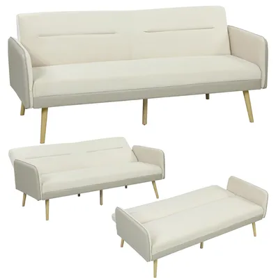 Immagine prodotto di HOMCOM Divano Letto 3 Posti con Schienale Reclinabile e Rivestimento Effetto Velluto, 185x84x83 cm, Beige