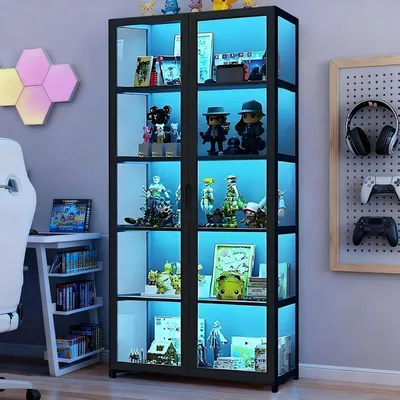 Immagine prodotto di Vetrina con ante in vetro acrilico a 5 ripiani, colore nero, dimensioni 32x165x80 cm