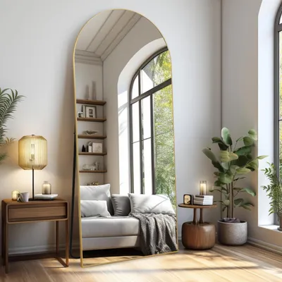 Immagine prodotto di Specchio a figura intera, curvo, 179 x 65 cm, specchio da terra, finitura oro, lega di alluminio