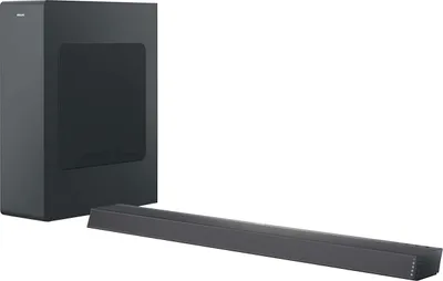 A black soundbar and subwoofer are displayed against a white background.