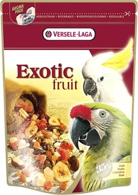 A bag of bird food with images of parrots and fruit.