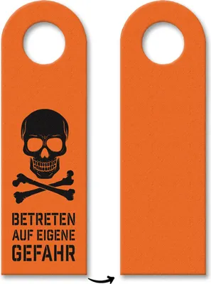 Produktbild von Betreten auf eigene Gefahr Türhänger mit Totenkopf Motiv in Orange Warnung