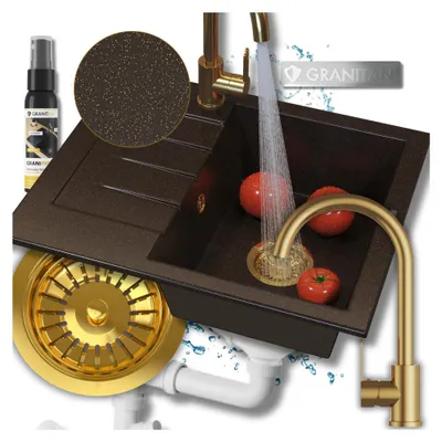 Produktbild von Granitan - Granitspüle - Spülbecken 57,4x47 cm - Küchenspüle Braun-Gold - mit Siphon - MILANO
