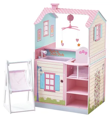 Produktbild von Olivia’s Classic Puppen-Wickelstation aus Holz: Wickeltisch, integrierte Wanne mit Brause, Babybett, Hochstuhl, zwei Boxen & Mobile – realitätsnahes Rollenspiel