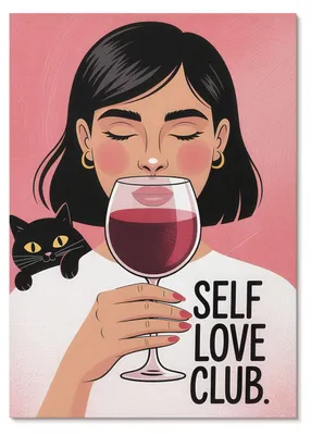 Produktbild von POSTER - 59x84 cm (A1) - Sableen - Frau mit Wein und Katze im Illustrationsstil -  Wandbild für Wohnzimmer Schlafzimmer & Flur, Modernes Poster Wanddeko, Ungerahmt