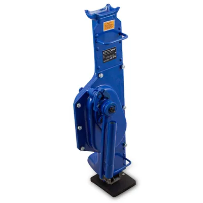 A blue mechanical jack is shown against a white background.