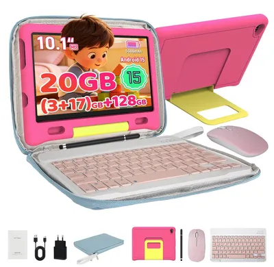 Obrázok produktu pre JENBIZZ Kinder Tablet, Android 15, 10-palcový HD IPS displej, 20 GB RAM, 128 GB ROM, batéria 5000 mAh, WiFi 6, s klávesnicou/myšou/perom/puzdrom