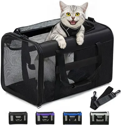 Image de Sac de transport pour chat - doux - taille M - 43 x 28 x 28 cm - noir - pliable avec maille