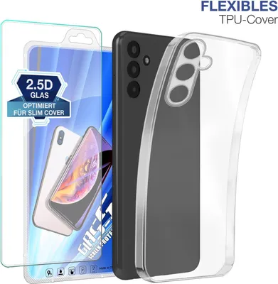 Produktbild von Slim Cover für Samsung Galaxy A14 5G mit 9H Displayglas Displayschutz Hülle Transparent Flexibel Elastisch Backcover Schutzhülle Handyhülle