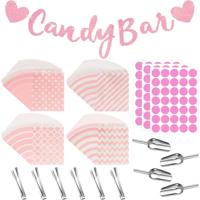 Productafbeelding van Candy Bar decoratie zakjes, stickers, suikerlepel, schep, 114 stuks, roze