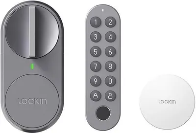 A smart lock, a keypad, and a bridge are displayed against a white background.