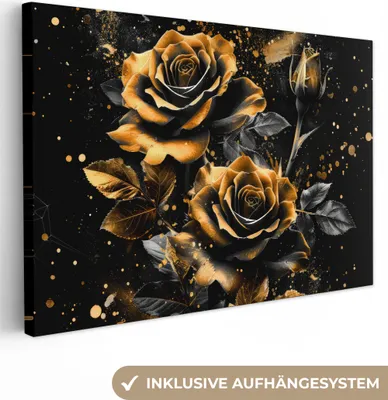 Produktbild von MuchoWow® - Leinwandbilder - Rosen - Gold - Schwarz - Blumen - Modern, Wandbild, Wanddeko Bilder Wohnzimmer, 60x40 cm