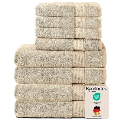 Produktbild von Komfortec 8er Handtuch Set aus 100% Baumwolle, 4 Badetücher 70x140 und 4 Handtücher 50x100 cm, Frottee, Weich, Anthrazit Grau, Sand/Beige