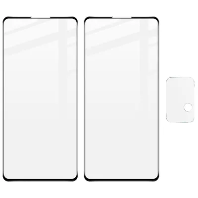 Two screen protectors and a lens protector are shown on a white background.