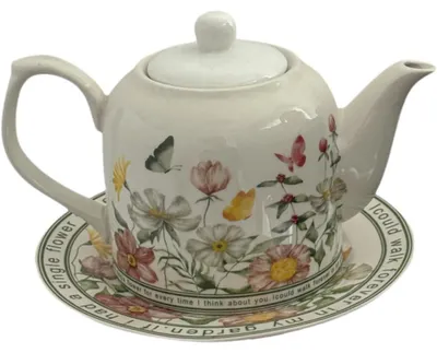 Obrázok produktu pre Čajová kanvica s kvetinovým vzorom a podšálka z porcelánu