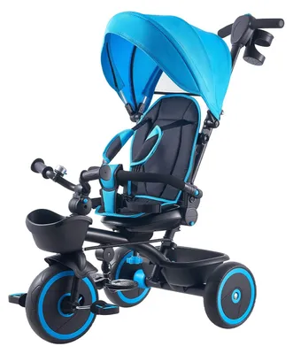 Imagen del producto de Triciclo y carrito de paseo para niños de 1 a 5 años, triciclo infantil 6 en 1 con manillar para empujar, toldo, asiento ajustable y espacio de almacenamiento. Triciclo para niños pequeños, juguete de cumpleaños para niños y niñas, color azul/