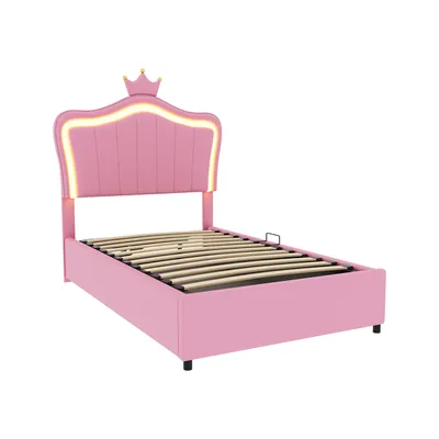 Produktbild von Polsterbett 90x200cm Kinderbett (Ohne Matratze) Mit LED-Beleuchtung Hydraulisches Stauraumbett Höhenverstellbares Kopfteil Rosa Kunstleder